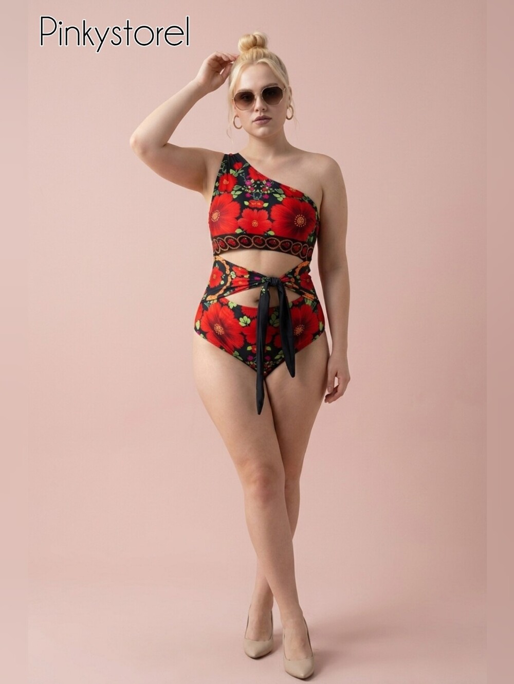 One-Shoulder Floral Cutout Swimsuit in Black and Red